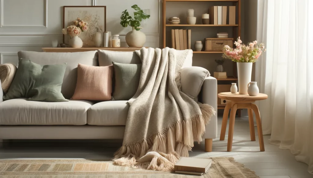 Dall E 2024 05 23 15.50.49 A Cozy Living Room Setting Featuring A Plush Cotton Throw Blanket Draped Over A Soft Light Gray Sofa. The Blanket Has A Subtle Woven Texture With Fr