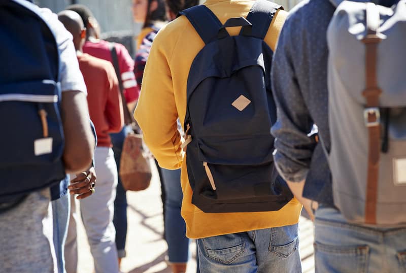 Rear View Of Male And Female Adult Students Walking At Campus During Sunny Day