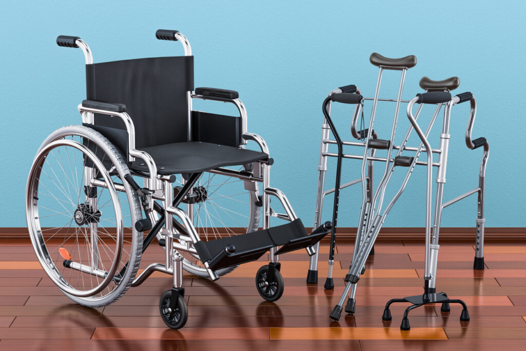 Wheelchair, Walking Frame And Crutches On The Wooden Floor In The Room, 3d Rendering