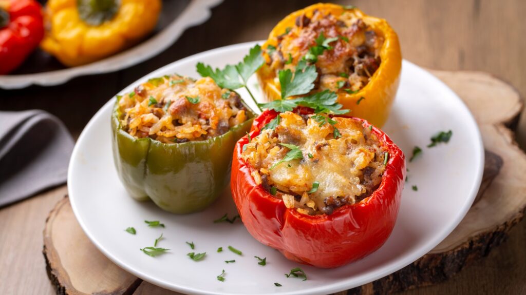 Stuffed,peppers,,halves,of,peppers,stuffed,with,rice,,dried,tomatoes,