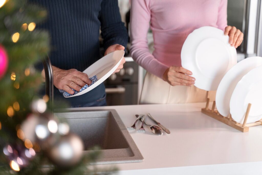 Man Woman Washing Dishes Together Christmas 23 2149136321