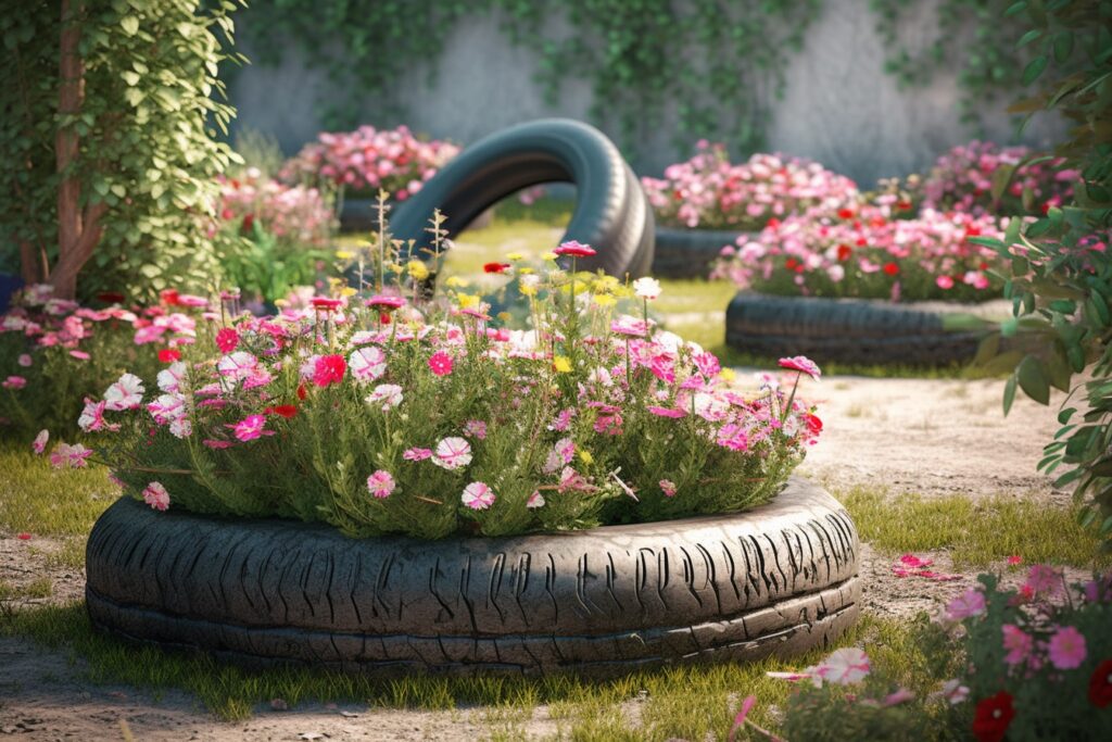 Turn Old Tires Inside Out And Place Them Vertically In The Ground To Create A Unique Flower Bed Border