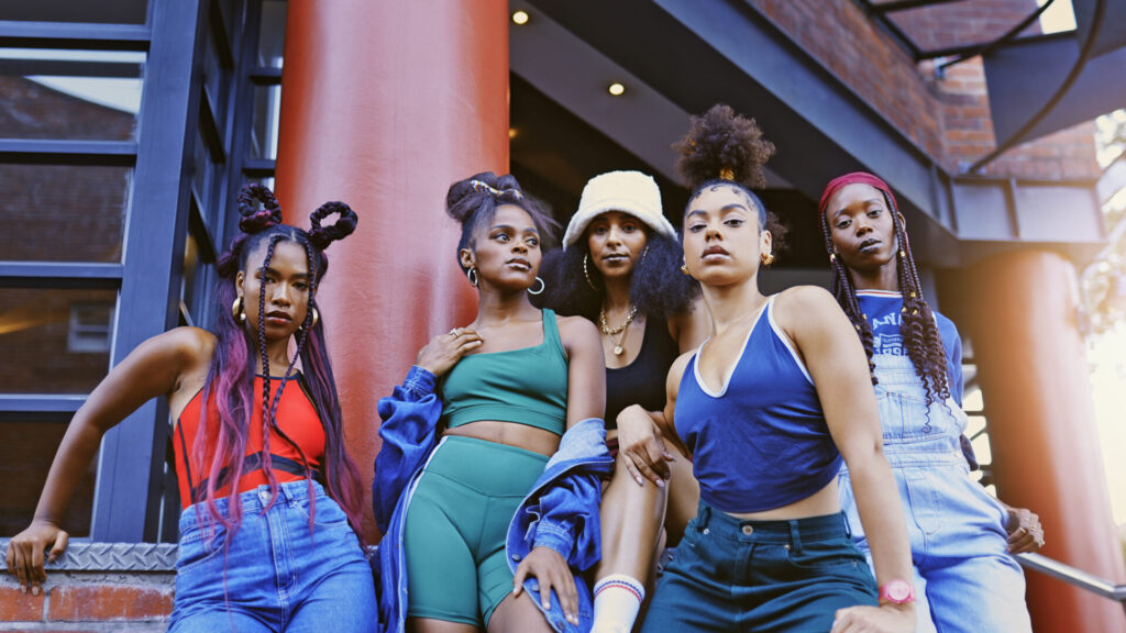 Trendy Women Friends Group In The City, Model Cool Urban Fashion And Edgy Designer New York Brand Lifestyle. Portrait Of Creative Aesthetic Trend, Black Youth Street Culture And Funky Lifestyle