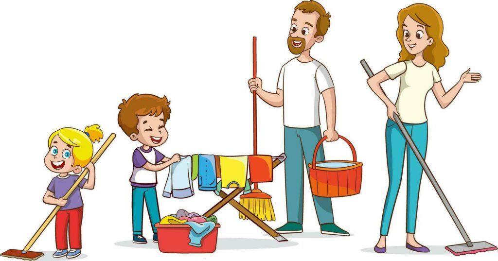 Happy Family Doing Housework Cartoon Illustration Of Parents And Children Doing Household Chores Vector
