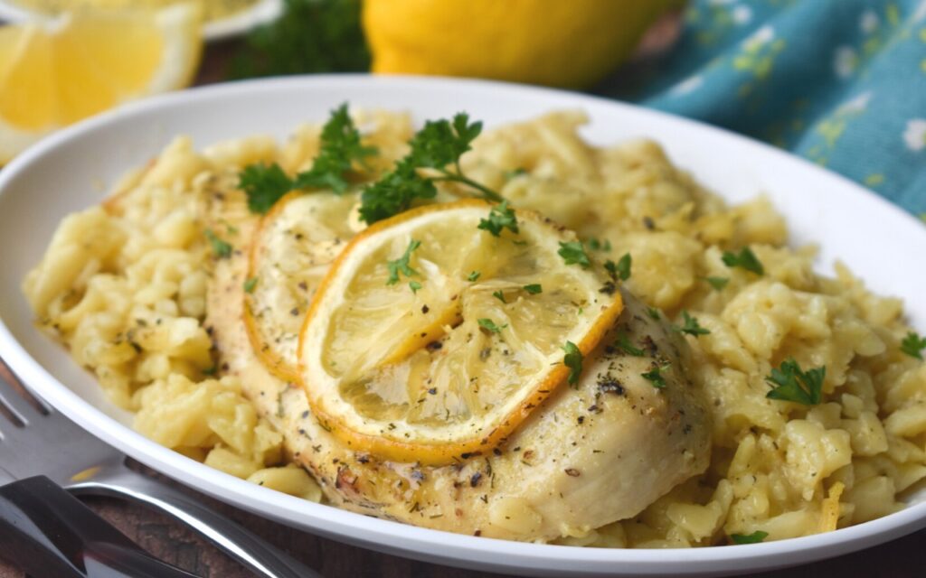 Lemon Orzo Chicken Bake