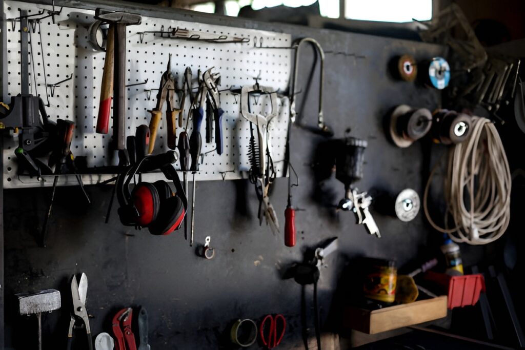 A well organized workshop brimming with hand tools