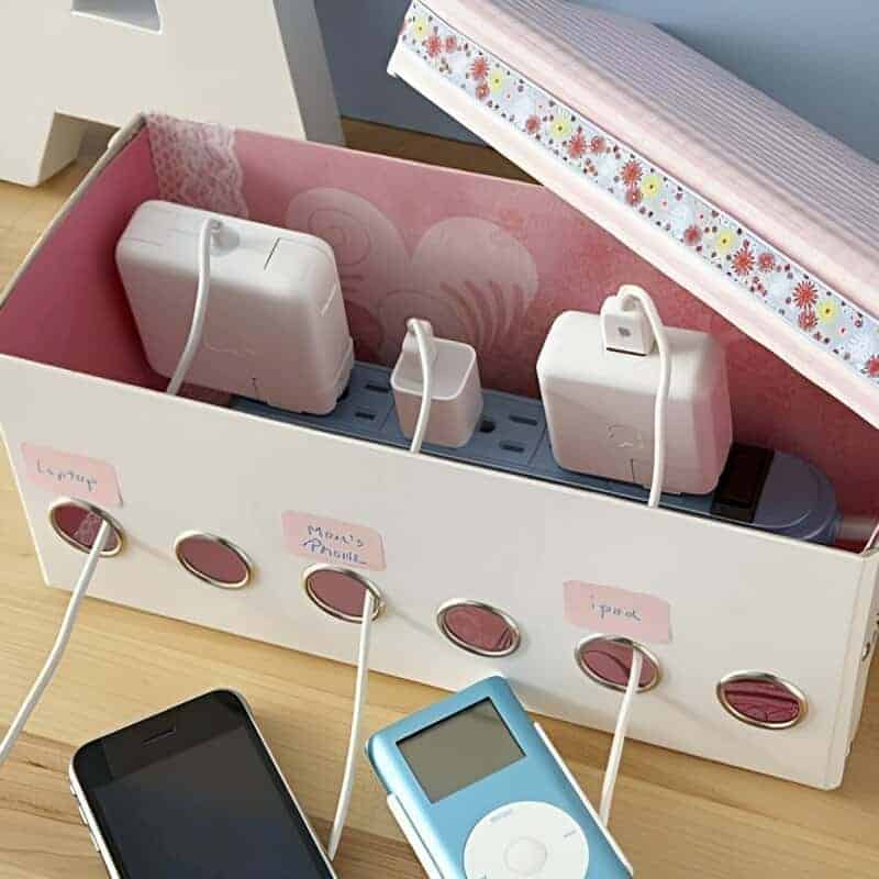 21. Shoebox Cord Organizer
