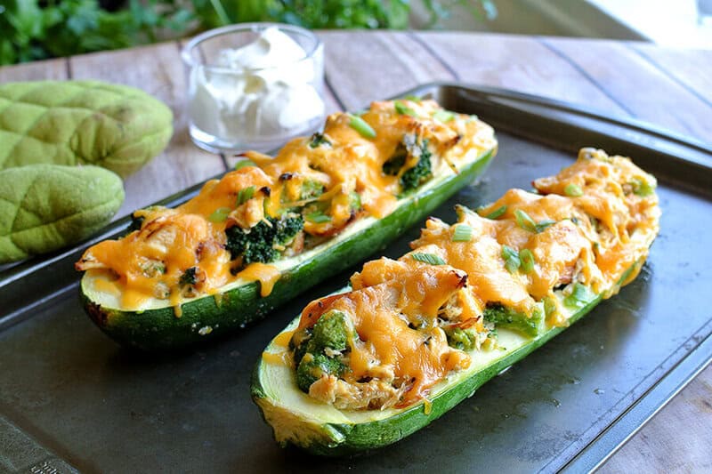 Broccoli chicken zucchini boats