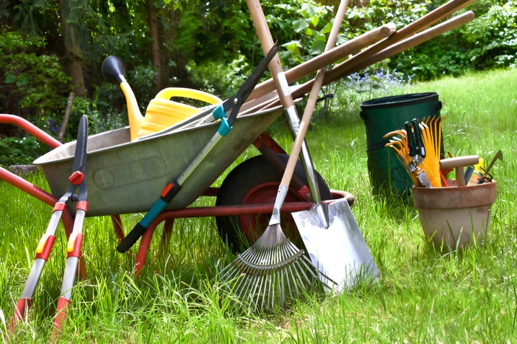 Collection of garden tools lies neatly on lush grass