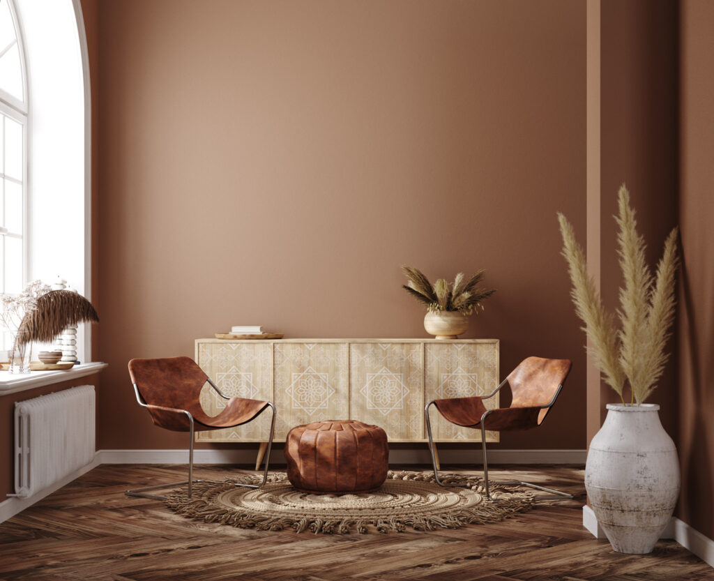 Home Interior With Ethnic Boho Decoration Living Room In Brown Warm Color
