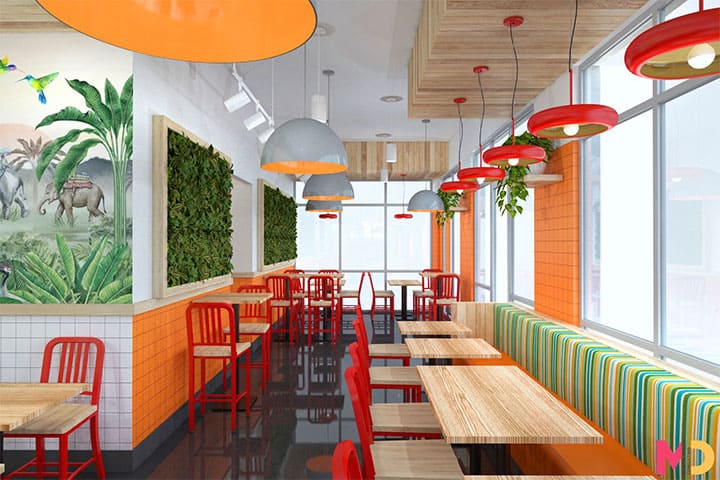 Orange Tones And Tropical Wallpaper Restaurant Design