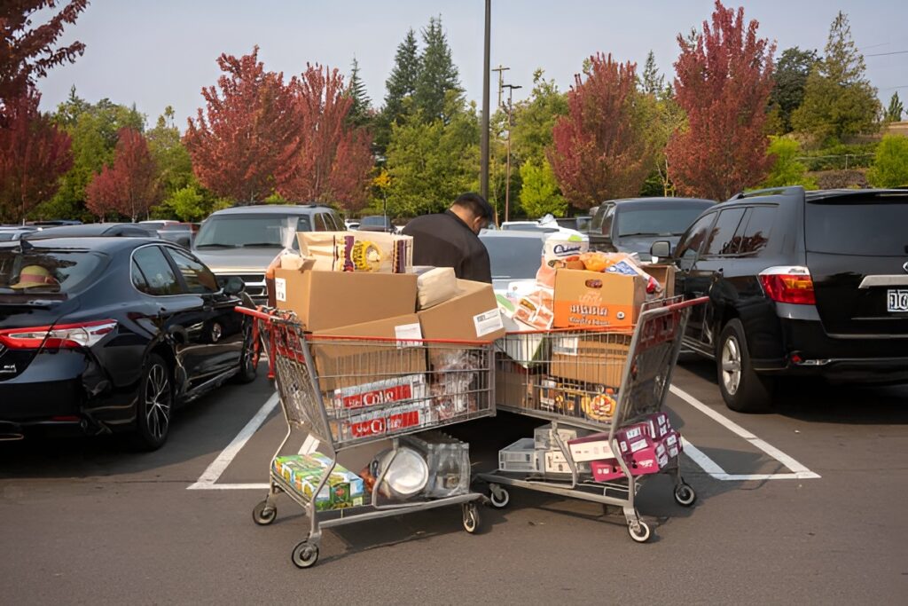 Shoppers fill oversized carts with bulk goods