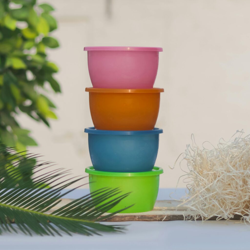 Vintage 70s kitchenware, featuring colorful tupperware