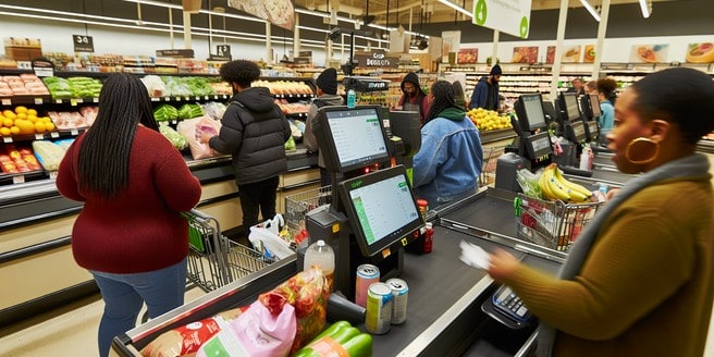 A picture of a bustling grocery store checkout line emphasizing the use of snap benefits