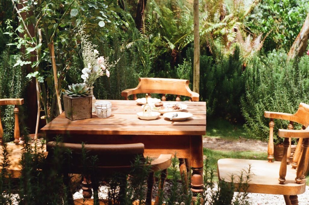 Comfortable patio furniture invites relaxation in a lush garden setting