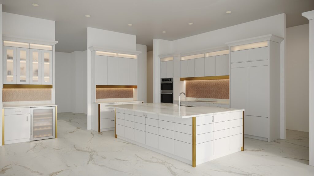a kitchen with a marble counter top and white cabinets