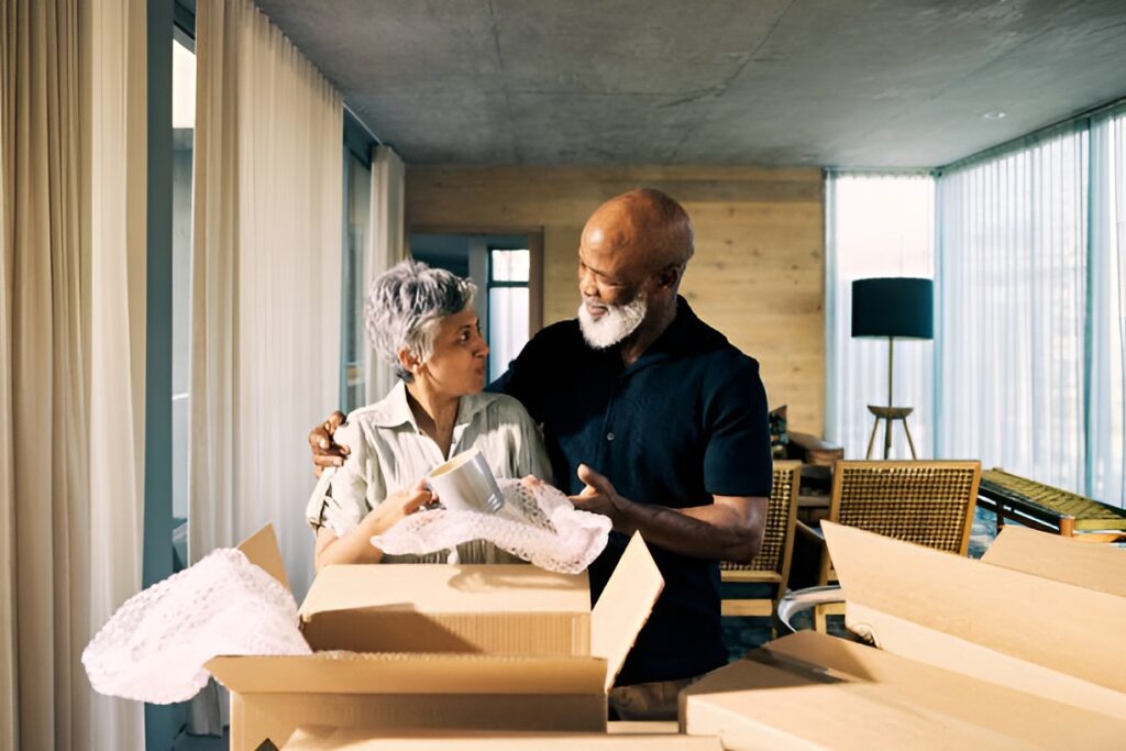 Smiling retired couple stands in their new home, surrounded by stacks of moving boxes and fresh beginnings