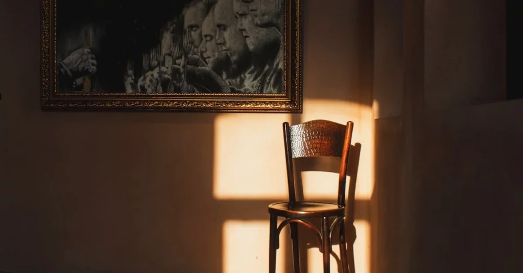 Sunlight softly illuminates an empty chair