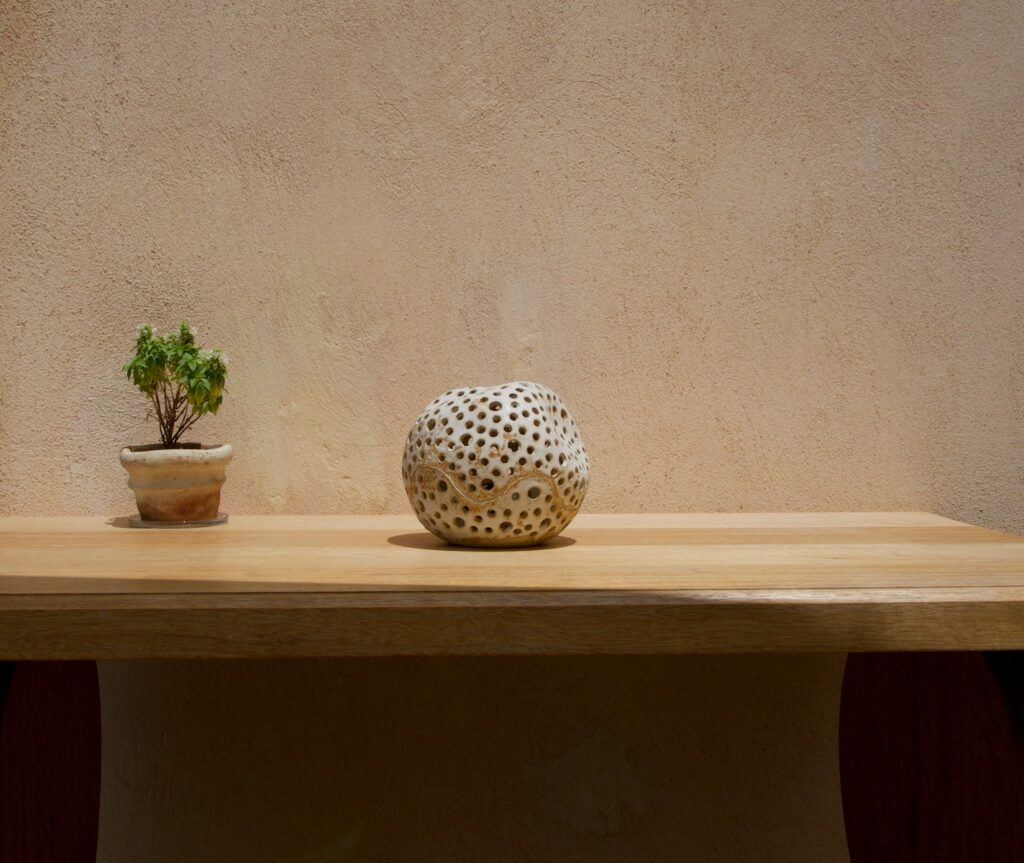 a small potted plant sitting on top of a wooden table