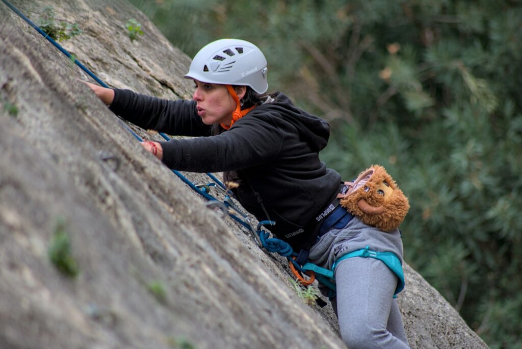 a person on a rock climbing with a stuffed animal