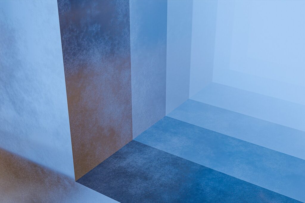 A room with a blue floor and a white wall